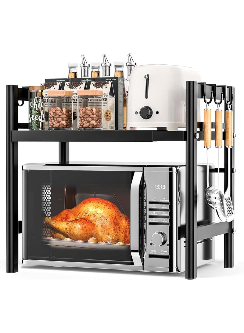 AUTOYSUR Microwave Stand, Microwave Oven Rack With 6 Hooks, Expandable Horizontal Extension Microwave Shelf, Kitchen Counter Organizer for Toaster Oven Rice Cooker - Image 1