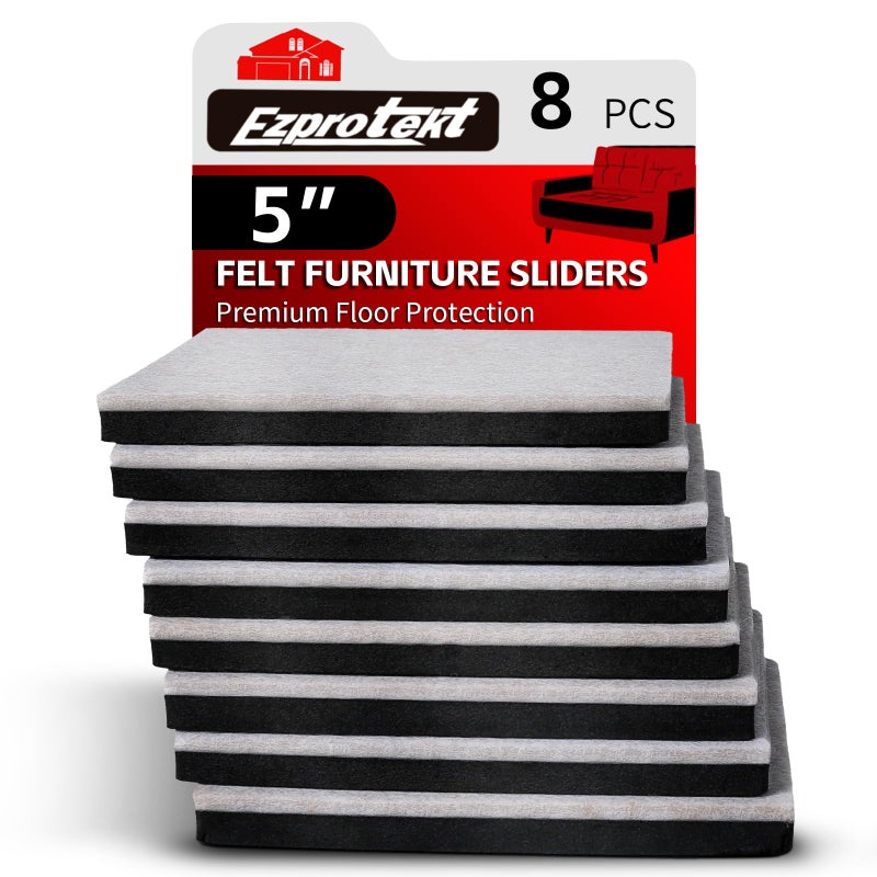Ezprotekt 5 Square Felt Furniture Movers Sliders for Hardwood Floors 8 Pcs Reusable Felt Furniture Moving Pads for Heavy Duty Bed Sofa Fridge Couch Move Item Easily and Quickly Beige