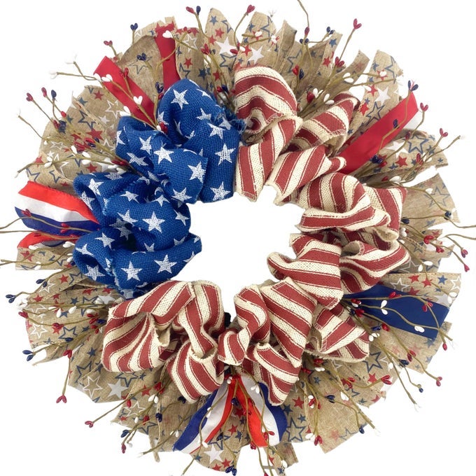 16 INCH PATRIOTIC BURLAP BERRIES WREATH FOR FRONT DOOR FORTH OF JULY BURLAP RED WHITE BLUE WREATH FOR INDOOR AND OUTDOOR MEMORIAL DAY INDEPENDENCE DAY HOME DECOR