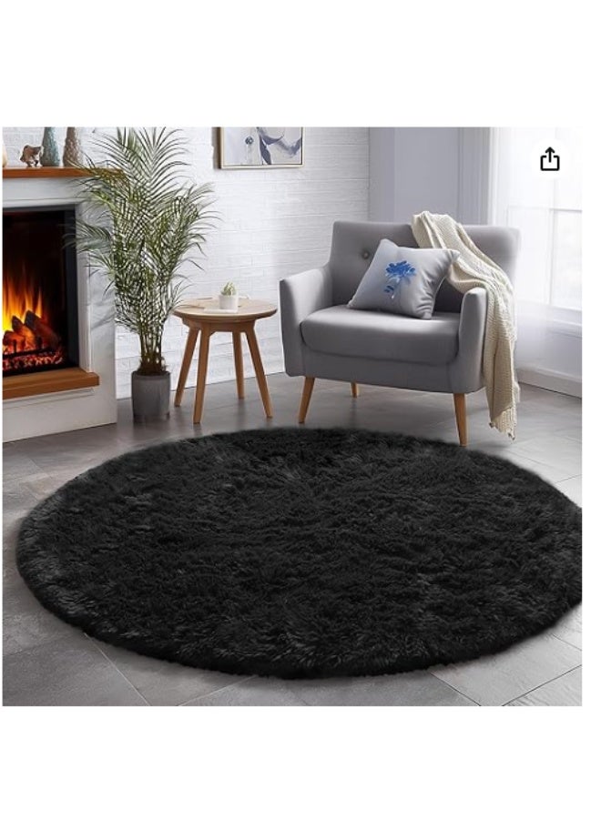 LOOPITYS Black ultra soft and fluffy living room circular carpet, large anti slip carpet, bedroom, entrance door, luxurious living room carpet