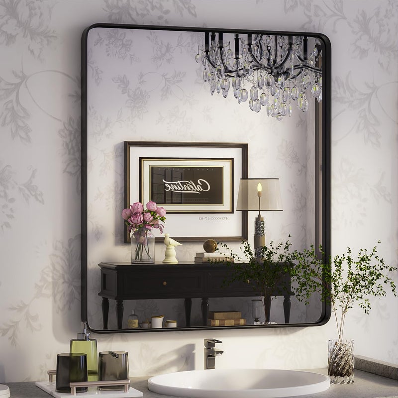 ISKM Wall Framed Mirror for Bathroom 28 x 36 Rectangular Hanging Mirror Farmhouse Wall Mounted Mirror Tempered Glass
