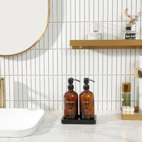 Prus Waso Amber Glass Soap Dispenser Set Hand Soap and Lotion Set with Black Stainless Steel Pump Perfect for Modern Bathroom Decor Amber - Image 3