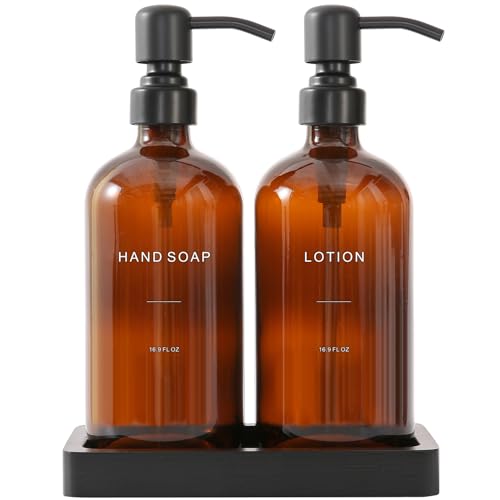 Prus Waso Amber Glass Soap Dispenser Set Hand Soap and Lotion Set with Black Stainless Steel Pump Perfect for Modern Bathroom Decor Amber - Image 1