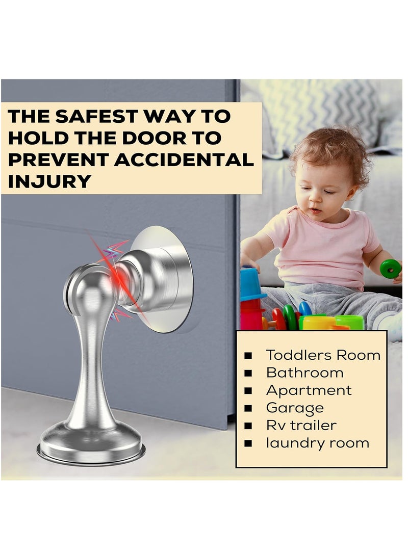 Magnetic Door Stop, 2 Pack Door Catch Holder with 3M Double-Sided Adhesive Tape,  Wall  Floor Mounted Door Stopper for Bedroom, Office (Silver) - Image 5