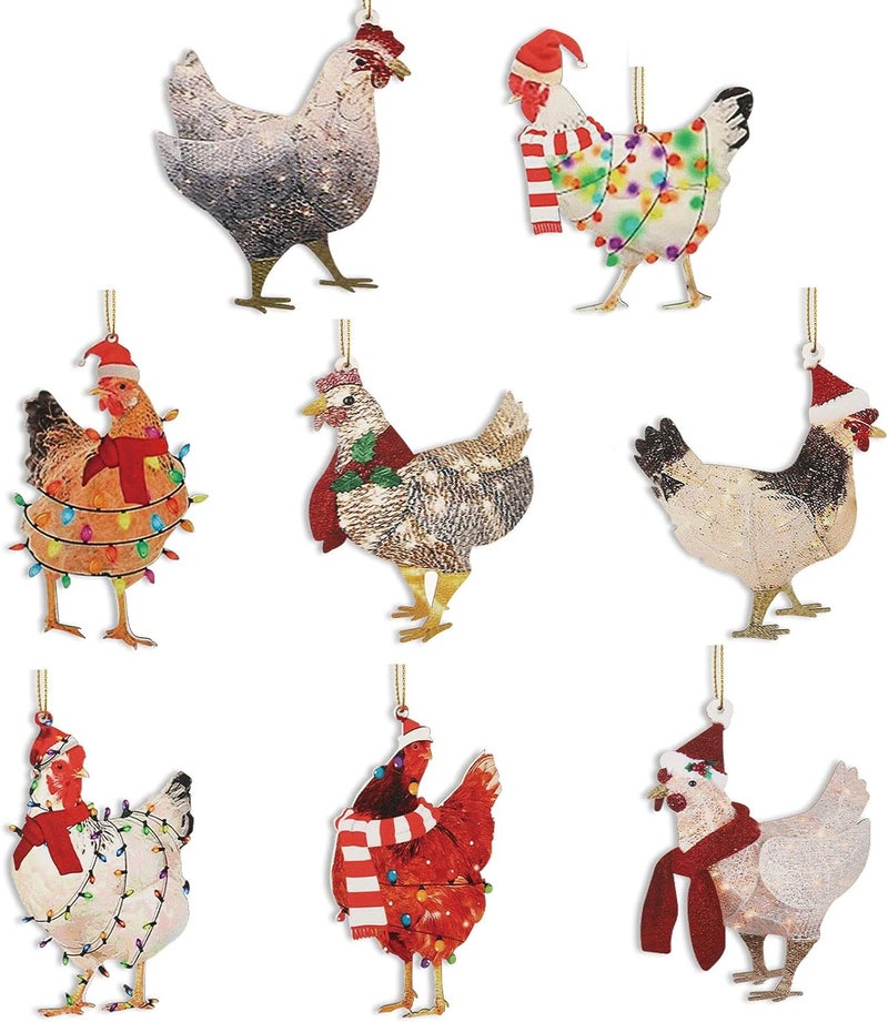 Woanger مجموعة زينة دجاج عيد الميلاد 8 قطع مع وشاح - زينة مضحكة للمنزل والعائلة والشجرة - Image 1