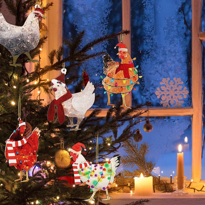Woanger مجموعة زينة دجاج عيد الميلاد 8 قطع مع وشاح - زينة مضحكة للمنزل والعائلة والشجرة - Image 3