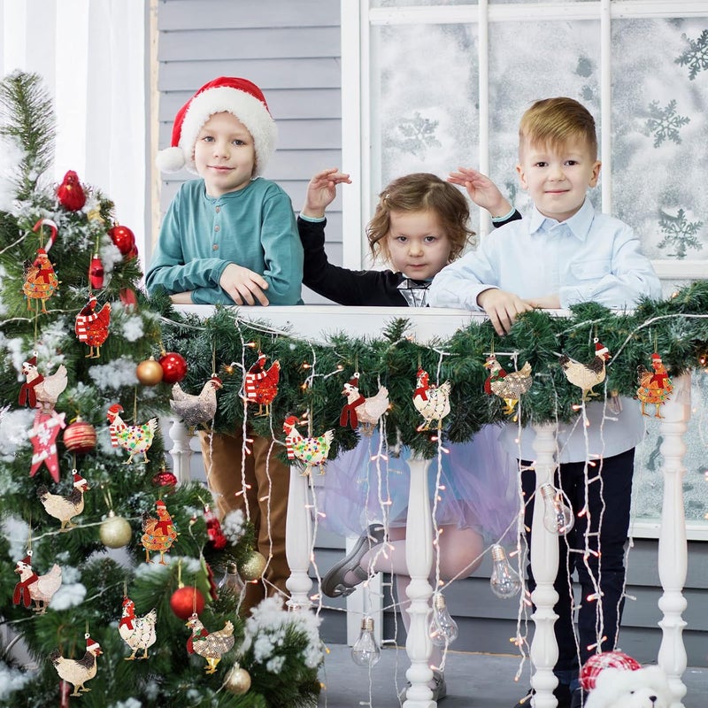 Woanger مجموعة زينة دجاج عيد الميلاد 8 قطع مع وشاح - زينة مضحكة للمنزل والعائلة والشجرة - Image 5