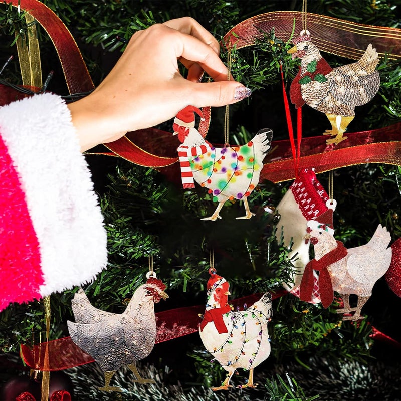 Woanger مجموعة زينة دجاج عيد الميلاد 8 قطع مع وشاح - زينة مضحكة للمنزل والعائلة والشجرة - Image 4