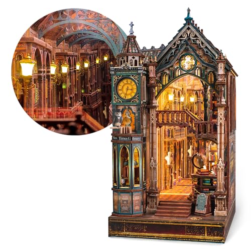 FUNPOLA Magic Library Book Nook Kit LED 3D Wood Puzzle with Infinity Mirror DIY Bookshelf Decor Miniature Craft Gift for Kids and Adults - Image 1