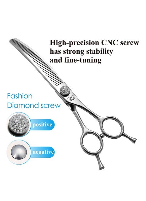 Fenice Peak 6.5‘’ Curved Thinning Dog Grooming Scissors with Jewelled Screw 440C Stainless Steel Pet Grooming Bulking Shears with Symmetrical Handle and Decorative Tail Nails Fluffy Scissors