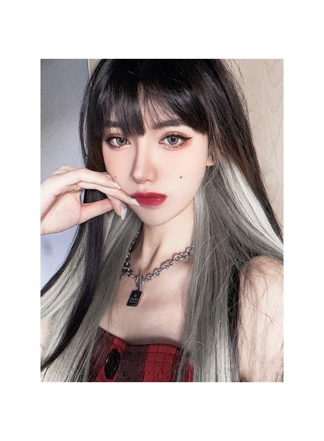 Kaneles Long Straight Black Mix Grey Wig With Bangs Heat Resistant Synthetic Hair Wig for Women - Image 1