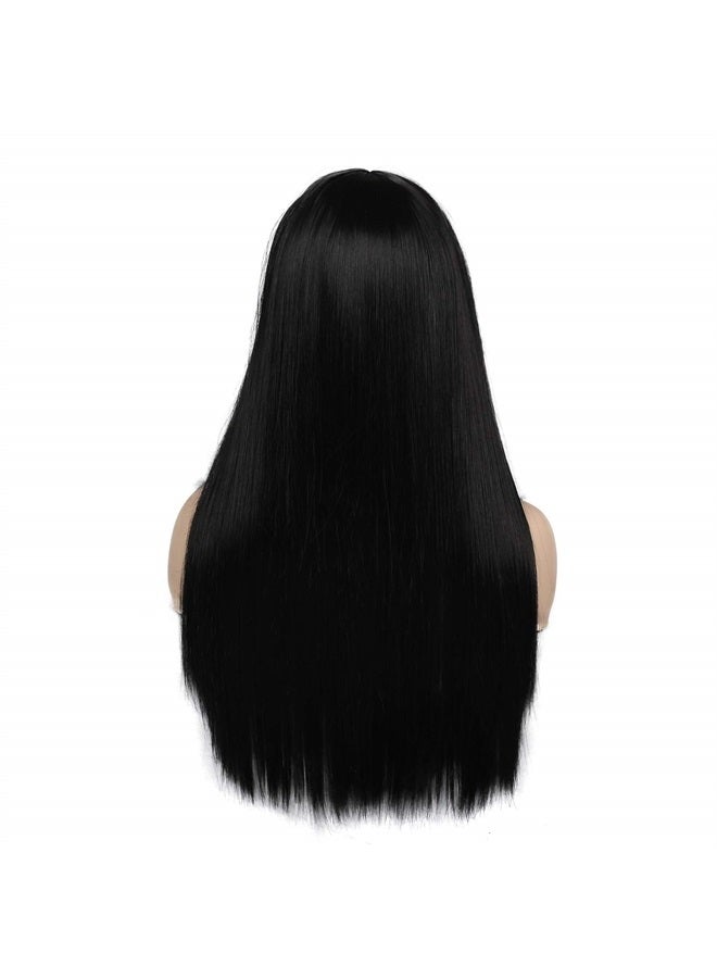 Kaneles Long Straight Black Mix Grey Wig With Bangs Heat Resistant Synthetic Hair Wig for Women - Image 2