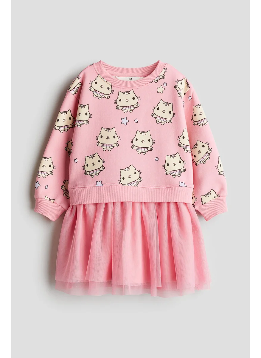 H&M Printed Tulle-Skirt Sweatshirt Dress