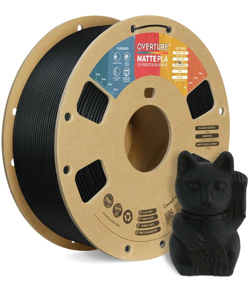 OVERTURE PLA Matte 3D Printer Filament 1.75mm, Matte PLA 1kg Cardboard Spool (2.2lbs), Dimensional Accuracy +/- 0.02 mm (Matte Black) - Image 1