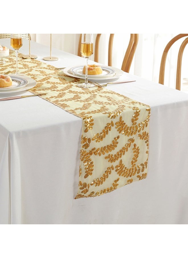 WAOKN - 30*275 cm Sequined Rectangular Glitter Table Runner, Polyester Fiber Glitter Tablecloth Cover, Suitable for Wedding Banquet Gold Leaf Pattern Decoration - Image 1