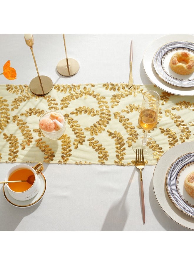 WAOKN - 30*275 cm Sequined Rectangular Glitter Table Runner, Polyester Fiber Glitter Tablecloth Cover, Suitable for Wedding Banquet Gold Leaf Pattern Decoration - Image 1