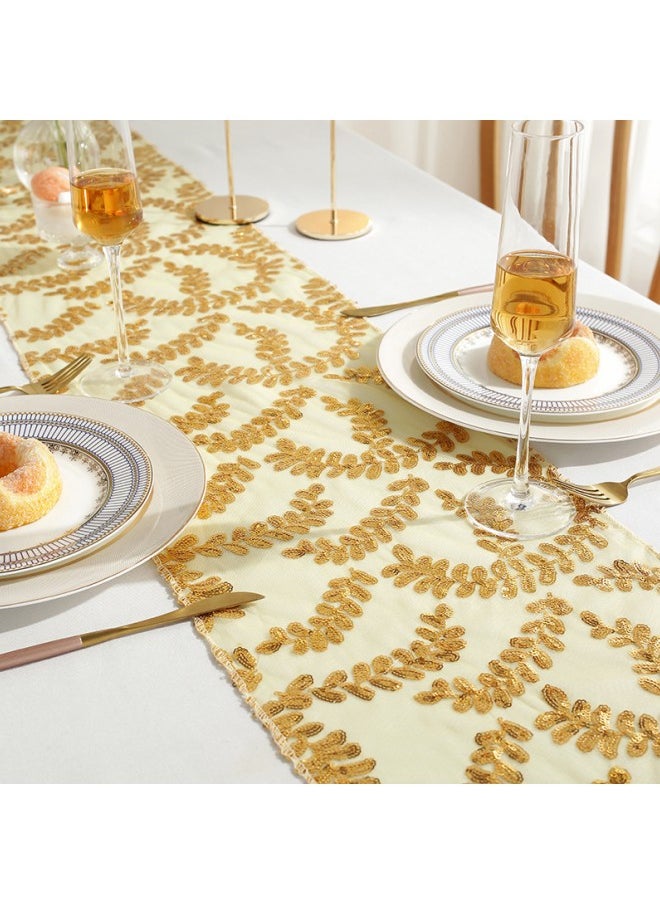 WAOKN - 30*275 cm Sequined Rectangular Glitter Table Runner, Polyester Fiber Glitter Tablecloth Cover, Suitable for Wedding Banquet Gold Leaf Pattern Decoration - Image 1