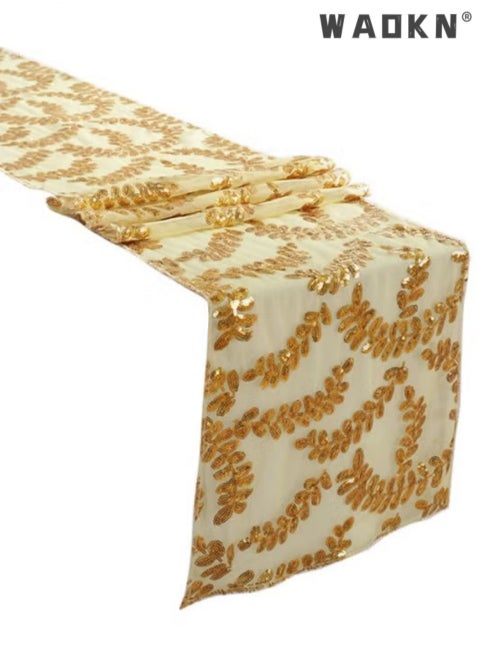30*275 cm Sequined Rectangular Glitter Table Runner, Polyester Fiber Glitter Tablecloth Cover, Suitable for Wedding Banquet Gold Leaf Pattern Decoration