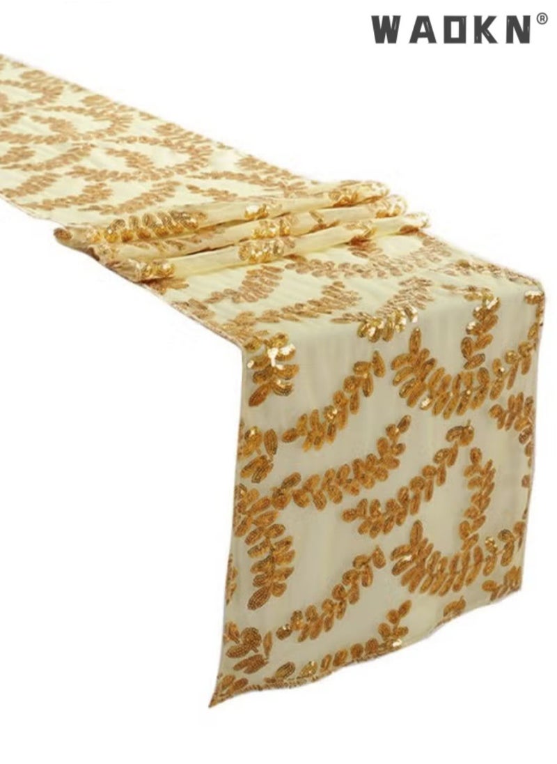 WAOKN - 30*275 cm Sequined Rectangular Glitter Table Runner, Polyester Fiber Glitter Tablecloth Cover, Suitable for Wedding Banquet Gold Leaf Pattern Decoration - Image 1