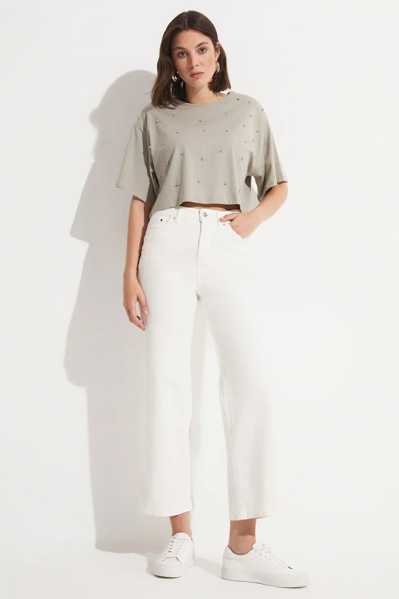 JUNE Stone Detailed 100% Cotton Crop T-Shirt