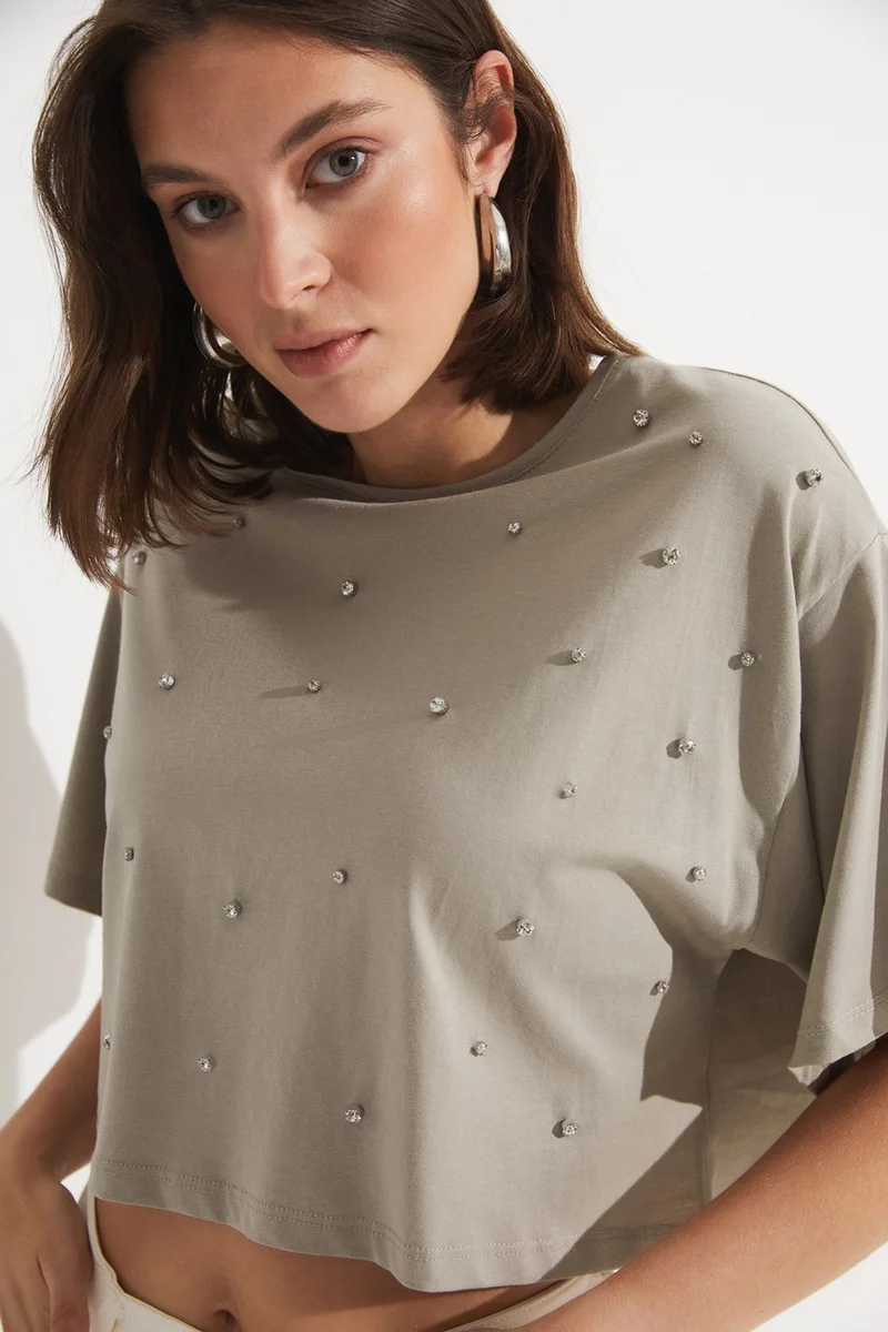 JUNE Stone Detailed 100% Cotton Crop T-Shirt