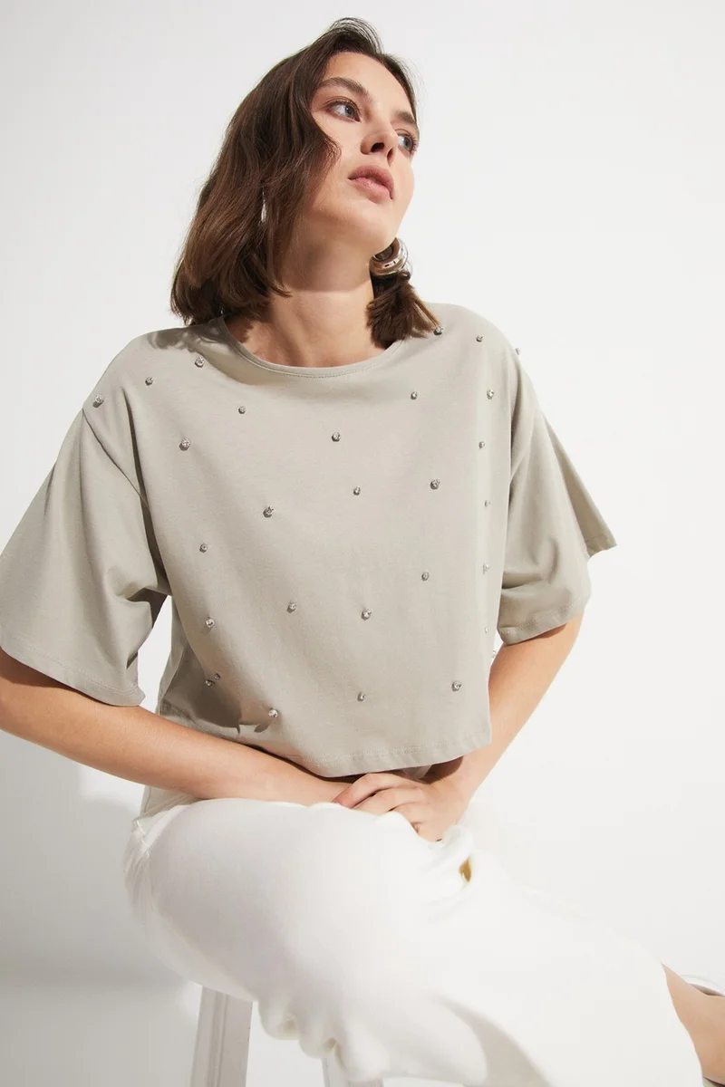JUNE Stone Detailed 100% Cotton Crop T-Shirt