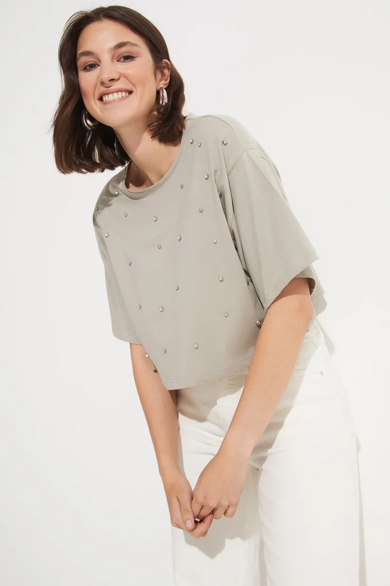 JUNE Stone Detailed 100% Cotton Crop T-Shirt