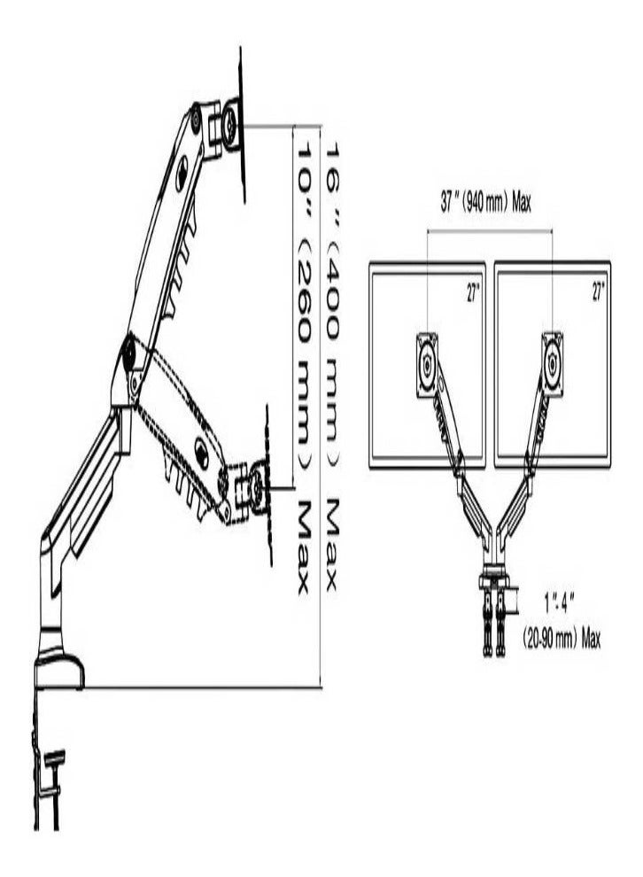 Premium Dual Monitor Mechanical Gas Spring Monitor Arm – 17" to 27" Screen Sizes, 9kg Weight Capacity, 360° Screen Rotation, Up to 2 Monitors, Clamp Mounting, Black - Image 3