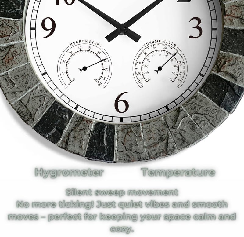 Kmok 13.5" Faux Slate Waterproof Indoor/Outdoor Wall Clock with Thermometer & Hygrometer – Silent Battery-Operated Round Decorative Timepiece for Patio & Home (Light Grey/Black Frame) - Image 3