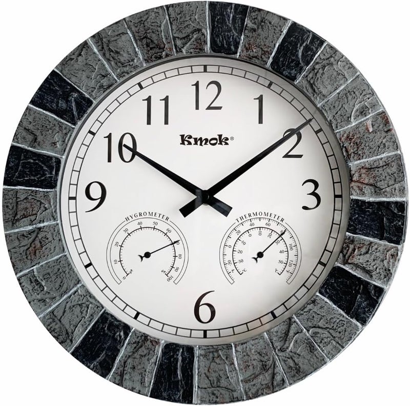 Kmok 13.5" Faux Slate Waterproof Indoor/Outdoor Wall Clock with Thermometer & Hygrometer – Silent Battery-Operated Round Decorative Timepiece for Patio & Home (Light Grey/Black Frame) - Image 1
