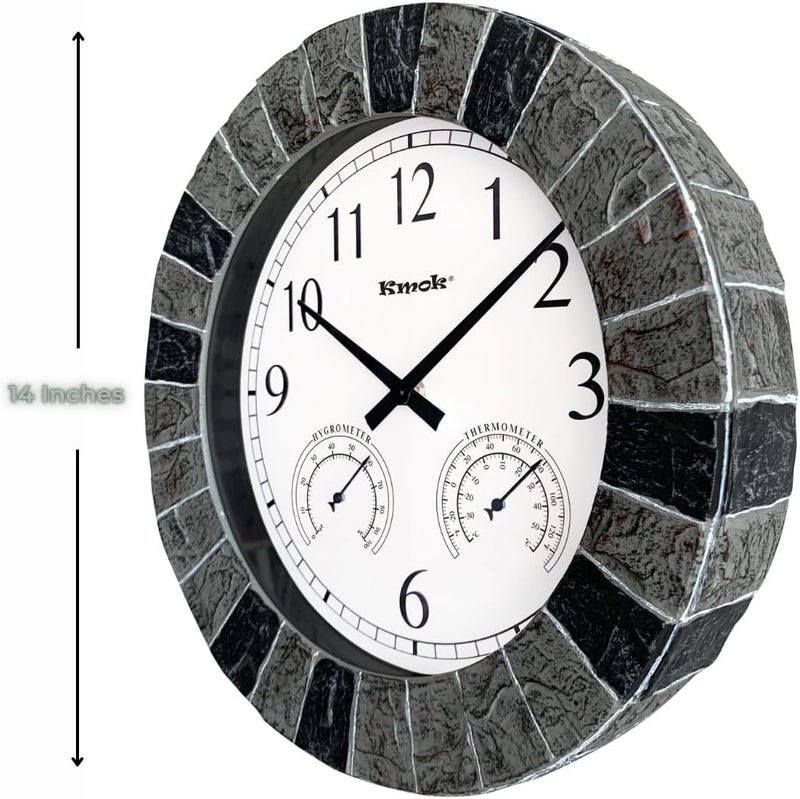 Kmok 13.5" Faux Slate Waterproof Indoor/Outdoor Wall Clock with Thermometer & Hygrometer – Silent Battery-Operated Round Decorative Timepiece for Patio & Home (Light Grey/Black Frame) - Image 2