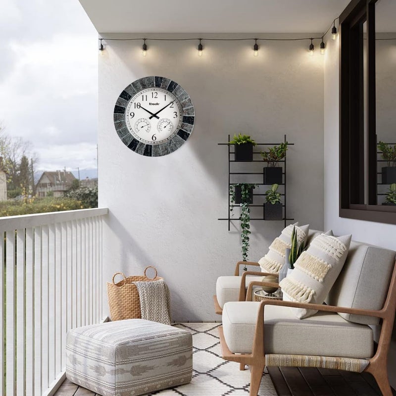 Kmok 13.5" Faux Slate Waterproof Indoor/Outdoor Wall Clock with Thermometer & Hygrometer – Silent Battery-Operated Round Decorative Timepiece for Patio & Home (Light Grey/Black Frame) - Image 5