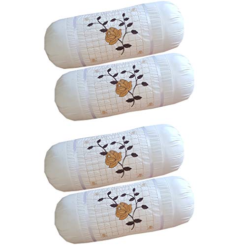 HSR Collection Embroidered 144 TC 100% Cotton 4 Piece Bolster Covers, 16"x 32", White - Image 1