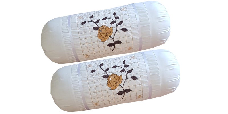HSR Collection Embroidered 144 TC 100% Cotton 4 Piece Bolster Covers, 16"x 32", White - Image 2