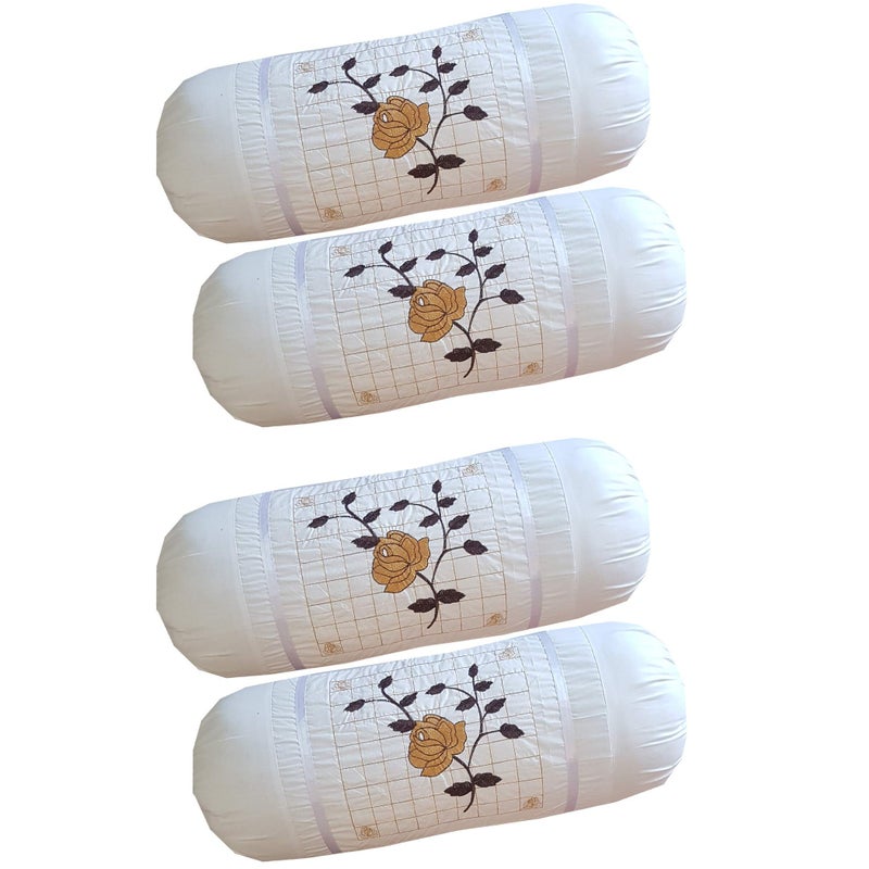 HSR Collection Embroidered 144 TC 100% Cotton 4 Piece Bolster Covers, 16"x 32", White - Image 5