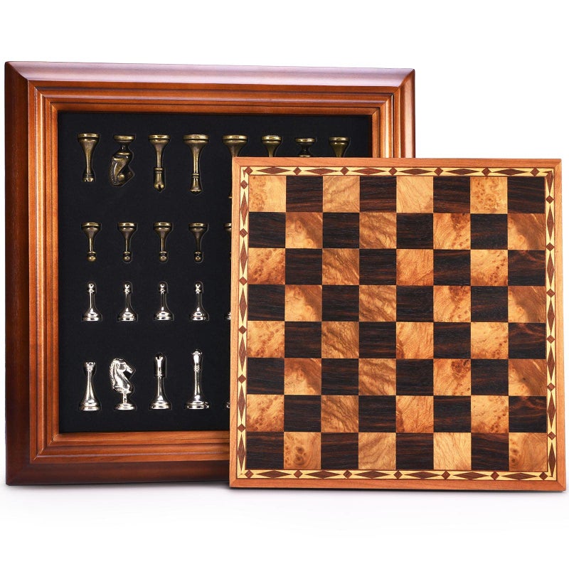 AMEROUS 14 inches Wooden Chess Set with Metal Chess Pieces 25 KingStorage for ChessmenGift PackageInstructionsClassic Board Game