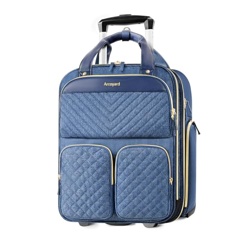 Arcoyard Underseat Carry On Luggage with Wheels, Travel Airline Approved Personal Item Bag, Multiple Compartments Carry-On with Leather Handle, Lightweight Rolling Suitcase for Women, Denim Blue, L - Image 1