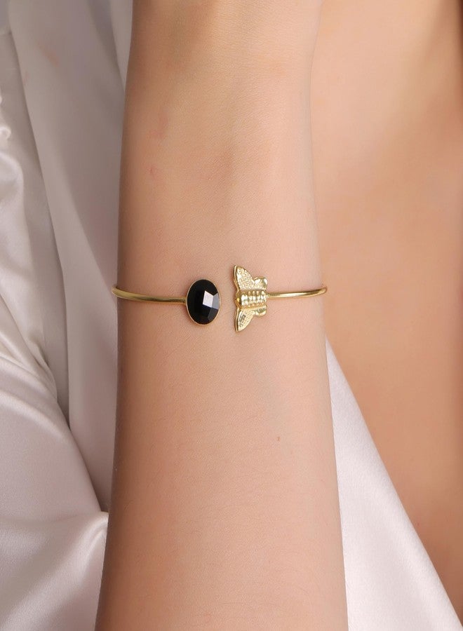 Dua Black Onyx Butterfly Bangle for Women | Stylish Gold-Plated Agate Gemstone Bracelet | Elegant Adjustable Fashion Jewelry | Healing Crystal Accessory | Gift for Her - Image 3