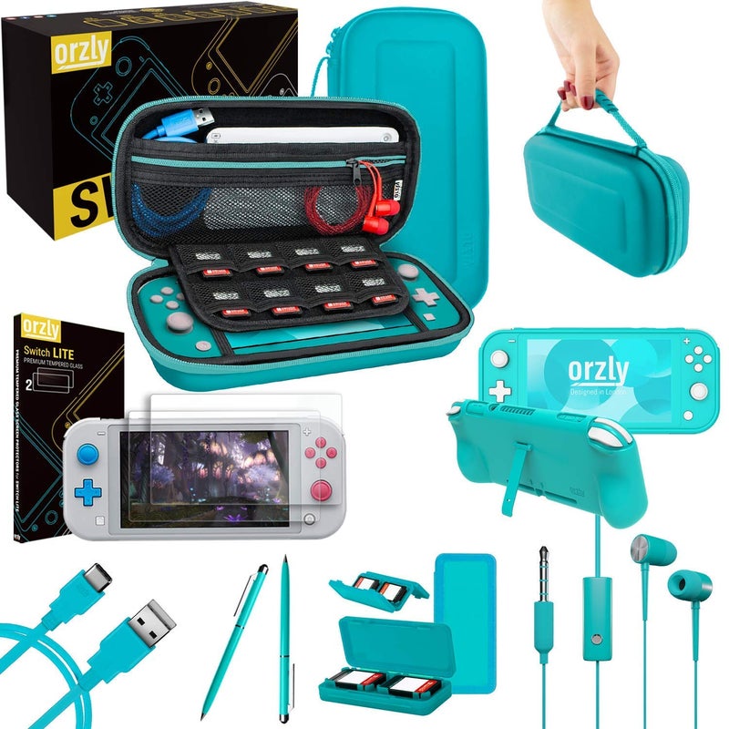Orzly Switch Lite Accessories Bundle - Case & Screen Protector for Nintendo Switch Lite Console, USB Cable, Games Holder, Grip Case, Headphones, Thumb-Grip Pack & More (Gift Pack - Turquoise Blue) - Image 1