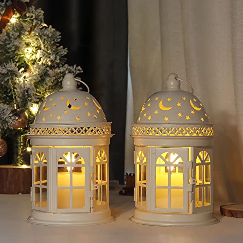 JHY DESIGN Set of 2 Decorative Lanterns-8.5 inch High Vintage Style Hanging Lantern Metal Candle Holder for Indoor Outdoor Events Parities and Weddings (White) - Image 4