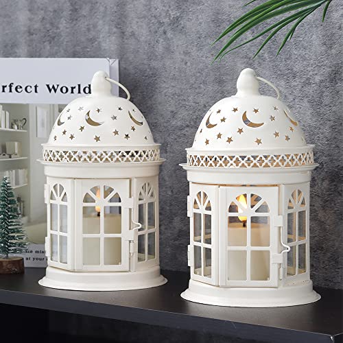 JHY DESIGN Set of 2 Decorative Lanterns-8.5 inch High Vintage Style Hanging Lantern Metal Candle Holder for Indoor Outdoor Events Parities and Weddings (White) - Image 1