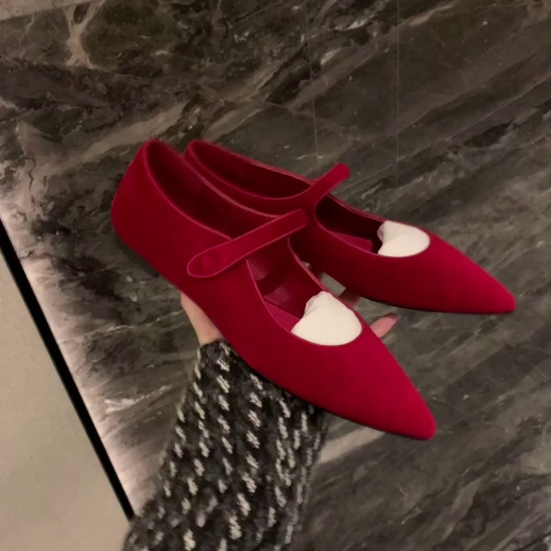 【Grape Mom'S Style】Winter Girls~ French Pointed Toe Buckle Velvet Flat Mary Jane Shoes Women'S Wedding Shoes - Image 2