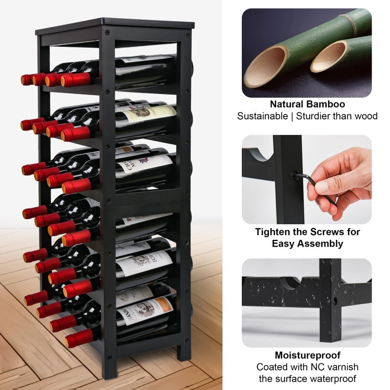 VASMIA Wine Rack Freestanding Floor, 6-Tier Display Wine Storage Shelves with Table Top, 24-Botttle Bamboo Wine Rack Shelf for Kitchen Bar Dining Room Living Room, Black - Image 4