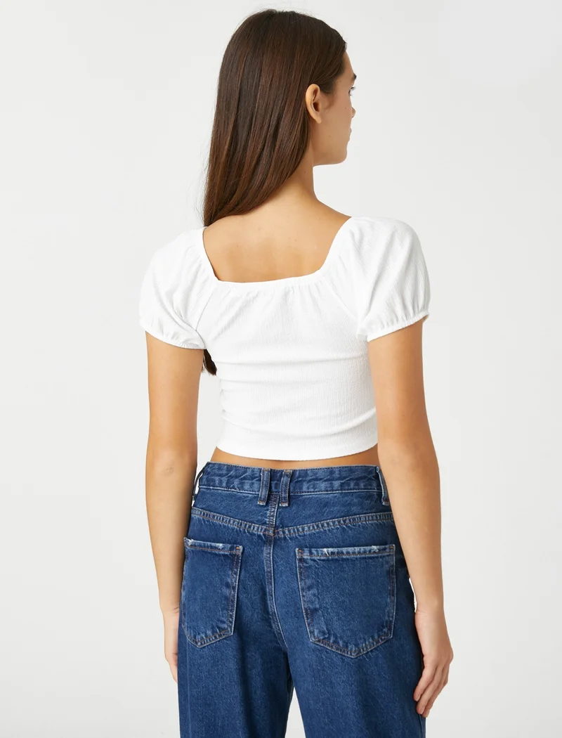 KOTON Crop T-Shirt Balloon Sleeves Gather Detailed V-Neck