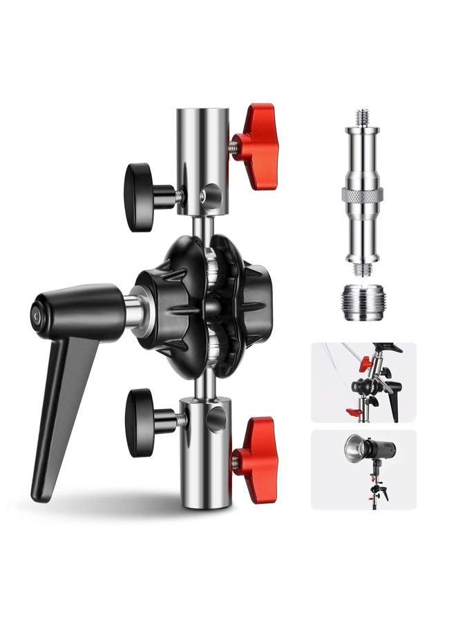 Neewer Heavy Duty Light Stand Head Adapter with All Metal Dual Swivel Ball Joint, Dual 5/8" Receivers, 1/4" to 3/8" Convertor Spigot Stud, 3/8" to 5/8" Screw, for C Stand, Max Load 14lb, UA020 - Image 1