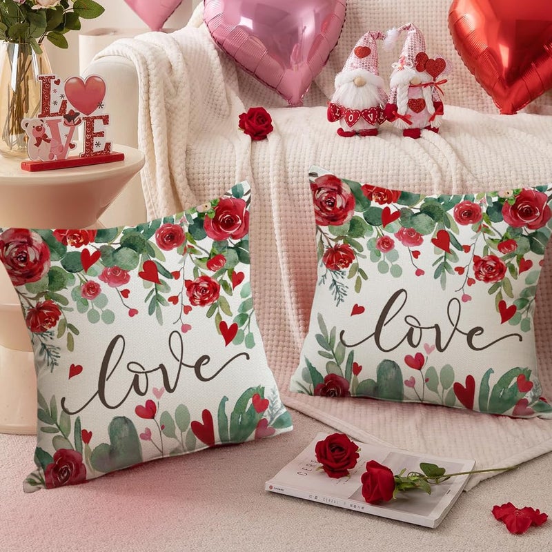 RABUSOFA Valentine Red Rose Pillow Covers 18x18 Inch, Love Heart Romantic Holiday Party Farmhouse Outdoor Lumbar Cushion Cases Valentines Decoration for The Home Sofa Couch (White, 18" x 18") - Image 5