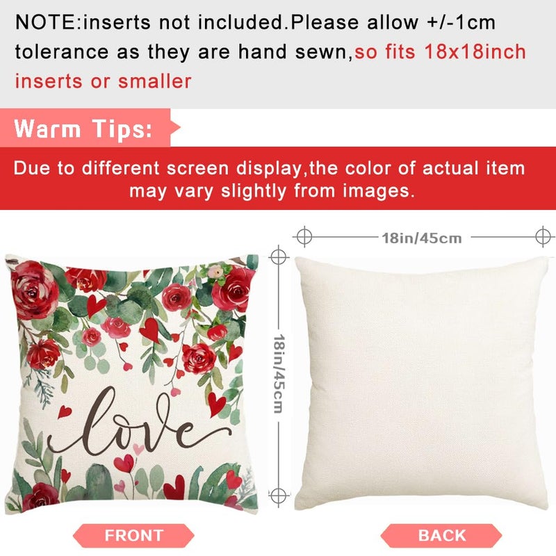 RABUSOFA Valentine Red Rose Pillow Covers 18x18 Inch, Love Heart Romantic Holiday Party Farmhouse Outdoor Lumbar Cushion Cases Valentines Decoration for The Home Sofa Couch (White, 18" x 18") - Image 4