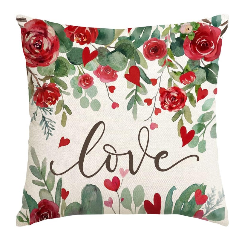 RABUSOFA Valentine Red Rose Pillow Covers 18x18 Inch, Love Heart Romantic Holiday Party Farmhouse Outdoor Lumbar Cushion Cases Valentines Decoration for The Home Sofa Couch (White, 18" x 18") - Image 1