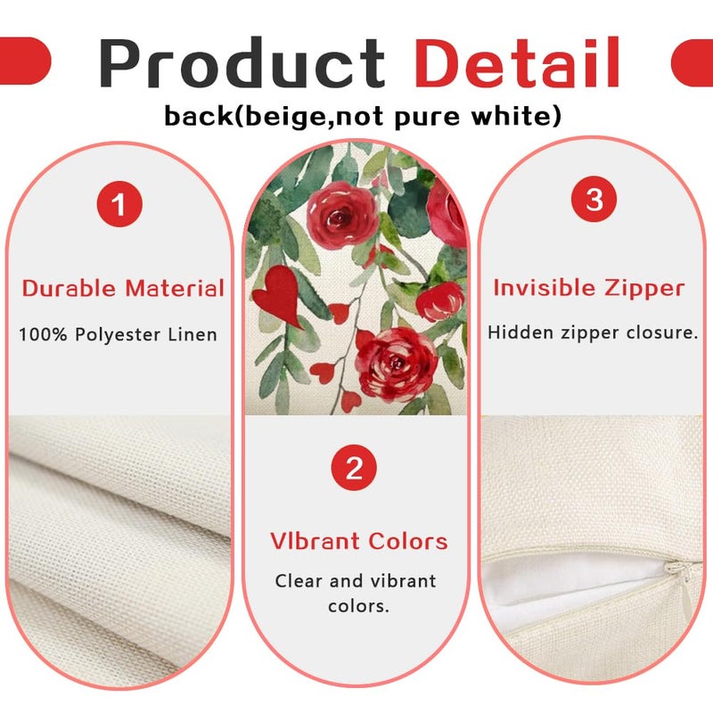 RABUSOFA Valentine Red Rose Pillow Covers 18x18 Inch, Love Heart Romantic Holiday Party Farmhouse Outdoor Lumbar Cushion Cases Valentines Decoration for The Home Sofa Couch (White, 18" x 18") - Image 3