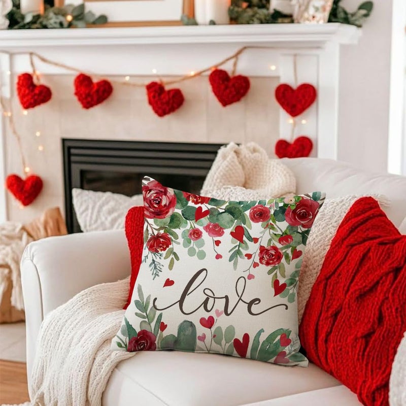 RABUSOFA Valentine Red Rose Pillow Covers 18x18 Inch, Love Heart Romantic Holiday Party Farmhouse Outdoor Lumbar Cushion Cases Valentines Decoration for The Home Sofa Couch (White, 18" x 18") - Image 2